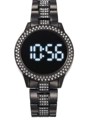 Unisex Women’s & Men Black Crystal Rhinestone Round LED Metal Strap Timer Watch